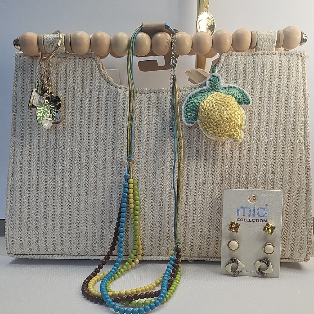 Haute Hippie Cream Woven Clutch- Wooden Beads/ Lemon Accent, Keychain, Earrings